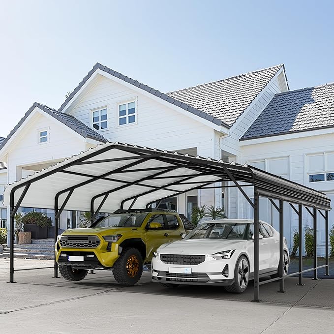 JY QAQA 20 x 20 FT Heavy Duty Metal Carport Canopy with Galvanized Steel Roof, Outdoor Car Tent Metal Garage Shelter for Car, SUV, Trucks and Boats