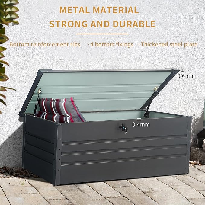 KUIKUI Metal Deck Box Waterproof, Outdoor Storage Box Extra Large, Patio Storage Bench for Pool Cushions Rugs, 260 Gallon