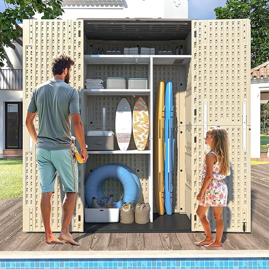 60 Cu.Ft Vertical Outdoor Storage Shed, All-Weather Resin Storage Cabinet Waterproof with Lockable Floor, Tall Backyard Shed for Patio Furniture, Garage, Garden, Pool Accessories, Porch (Khaki)