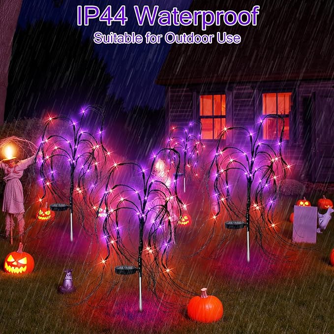 8 Pack Halloween Solar Lights Outdoor, 256 LED Weeping Willow Tree Stake Lights with 8 Mode, Waterproof Solar Pathway Lights for Garden Patio Yard Outdoor Decor (Purple Orange)