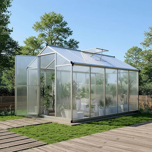 Greenhouse for Outdoors 10 x 6.25 Ft, Polycarbonate Greenhouse with Lock, Roof Windows Vent and Rain Gutter, Aluminum Large Walk-in Green Houses, for Patio Garden Backyard Outside, Silver