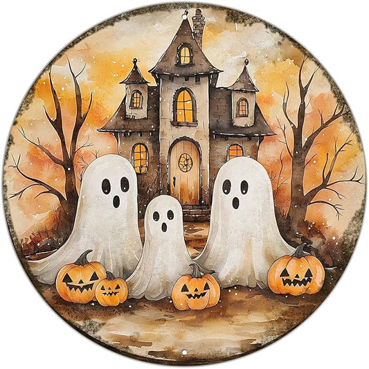 PEACHGARDEN Round Cute Ghost Halloween Vintage Sign Halloween Pumpkin Metal Tin Sign for Home Bar Kitchen Hotel Dining Room Coffee 12x12inch
