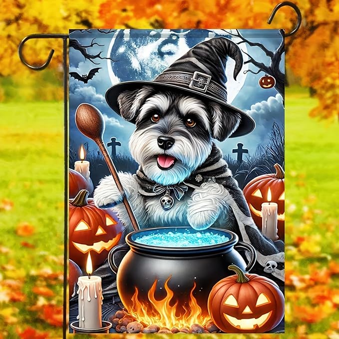 Halloween Garden Flag Double Sided 12x18 Flag Halloween Schnauzer Garden Flag Witch Pumpkin Cute Schnauzer Dog Cauldron Pumpkins Holiday Patio Wall Lawn Mail Outdoor Home Decor Banner