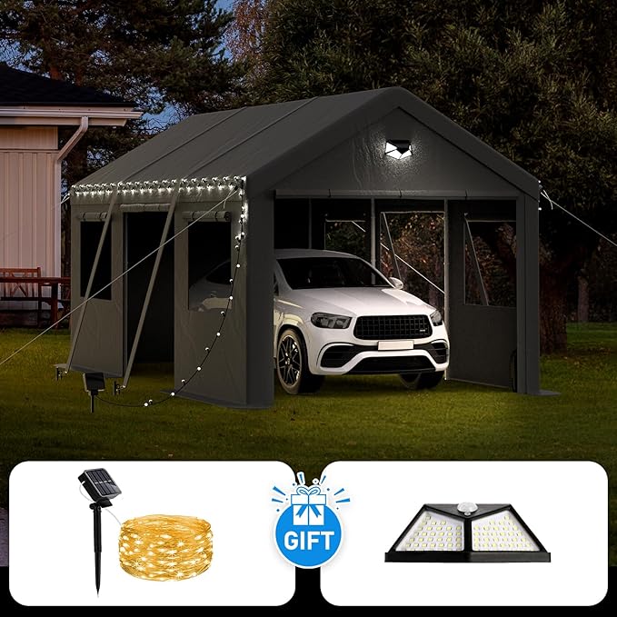 10x16 Carport Canopy, Heavy Duty Car Ports with Sidewalls, Portable Garage Carports with Roll Up Zipper End & Side Doors, Grey