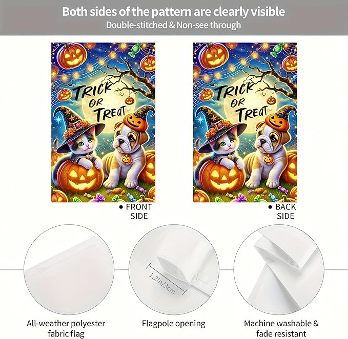 Halloween Garden Flag Double Sided 12x18 Flag Halloween Cat Dog Pumpkin Garden Flag Cute Halloween Dressed Kitten And Puppy Trick Or Treat Theme Indoor Outdoor Home Garden Decor Lawn Banner