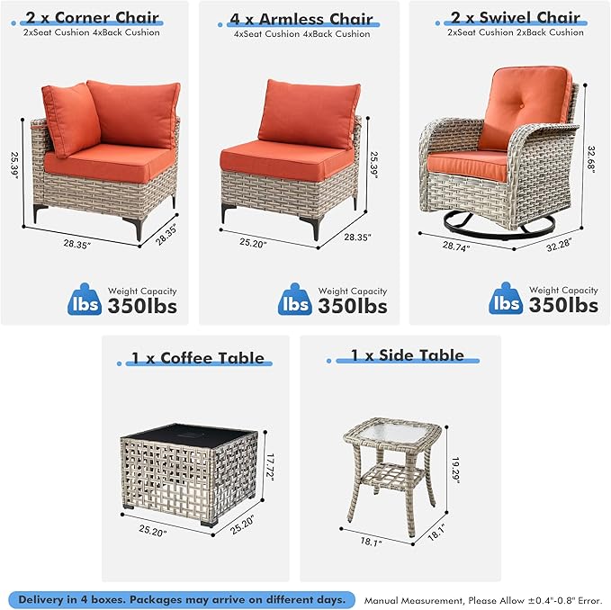 Outdoor Sectional Patio Furniture Set with Swivel Rocking Chairs,10 Pieces Wicker Conversation Sets L Shaped Couch Out Door Sofa Set Outside Furniture for Garden Deck Yard Porch,Red