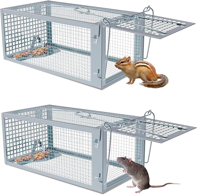 Humane Rat Traps 2-Pack, No Kill Small Animal Mouse Squirrel Cage Traps, Vole Mice Live Cage Catch and Release, Chipmunk Rodent Trap Mouse Traps That Work for Indoor and Outdoor