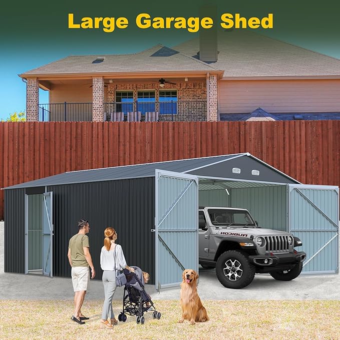 Metal Garage Shed 20x13 FT, Sheds & Outdoor Storage Clearance, Outdoor Storage Shed for Car, Truck, Bike, Lawnmower, Backyard Tool House, Boasting 2 Doors and 4 Vents, Dark Gray
