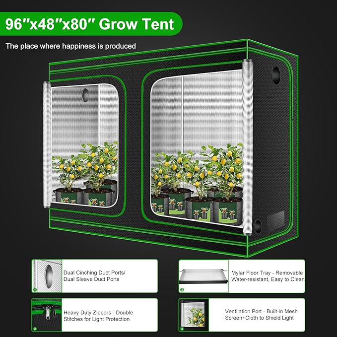 MELONFARM 4x8 Grow Tent, 96"x48"x80" High Reflective 600D Diamond Mylar Canvas with Observation Window and Floor Tray for Hydroponic Indoor Plant Growing