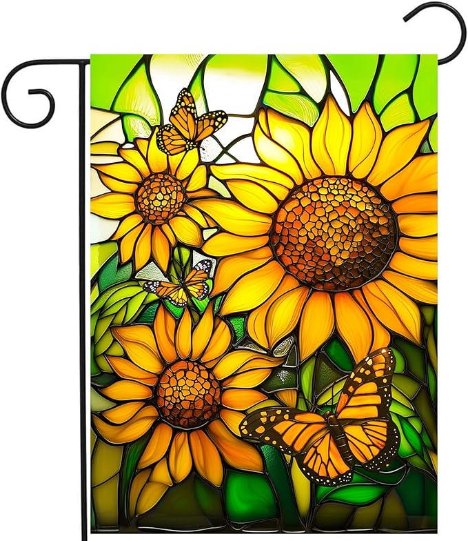 Stained Glass Sunflower Garden Flags Spring Summer Flags for Outside 12x18 Double Sided Small Floral Monarch Butterfly Yard Flag for Outdoor Lawn Poch Decor