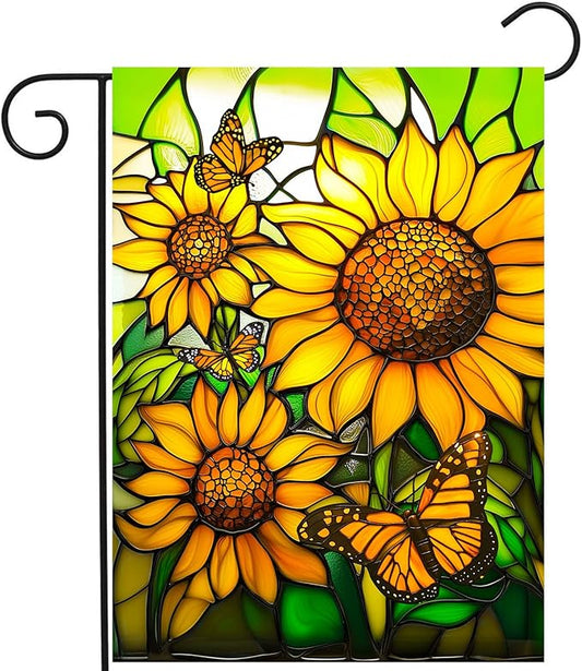 Stained Glass Sunflower Garden Flags Spring Summer Flags for Outside 12x18 Double Sided Small Floral Monarch Butterfly Yard Flag for Outdoor Lawn Poch Decor
