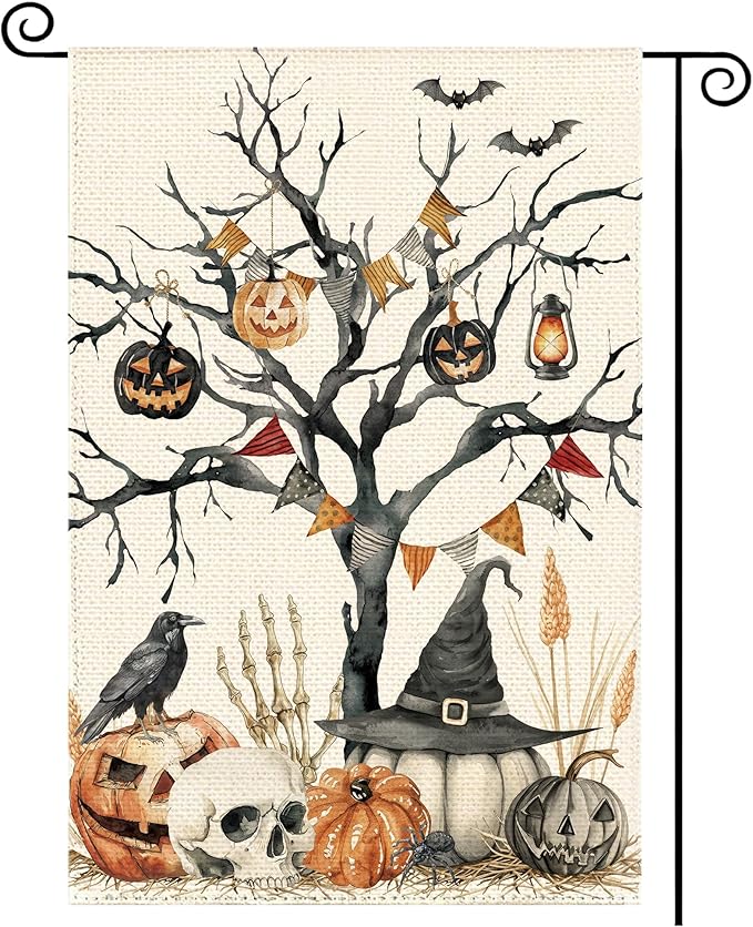 Halloween Black Tree Pumpkin Welcome Garden Flag 12 x 18 Inch Double Sided, Skull Crow Seasonal Burlap Small Yard Flag Farmhouse Holiday Patio Outdoor Outside Decoration