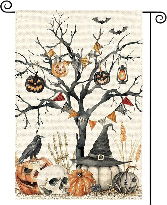Halloween Black Tree Pumpkin Welcome Garden Flag 12 x 18 Inch Double Sided, Skull Crow Seasonal Burlap Small Yard Flag Farmhouse Holiday Patio Outdoor Outside Decoration