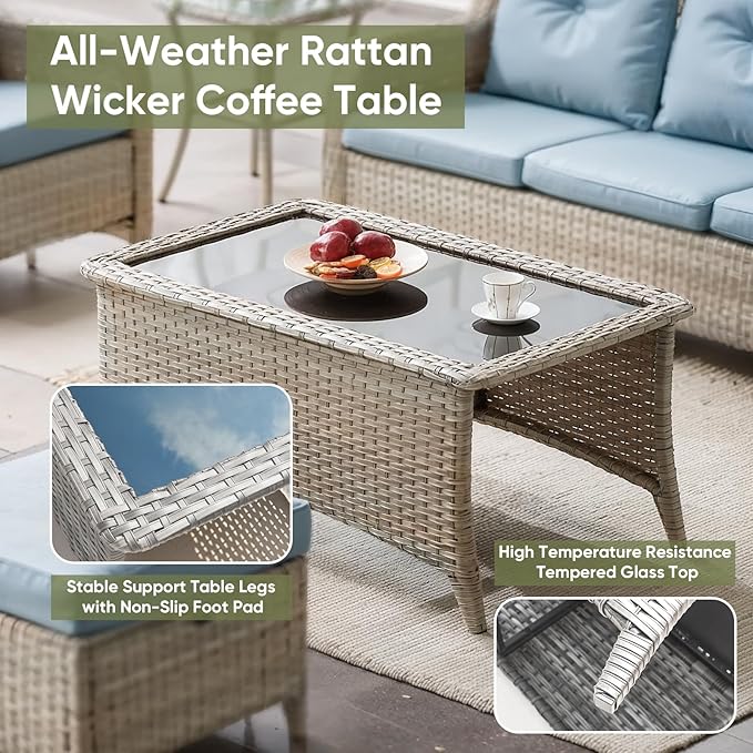 Wicker Outdoor Conversation Set-6 Pieces Outdoor Wicker High Back Couch with Swivel Rocker Chairs Patio Furniture for Deck Poolside Backyard-Light Grey/Light Blue