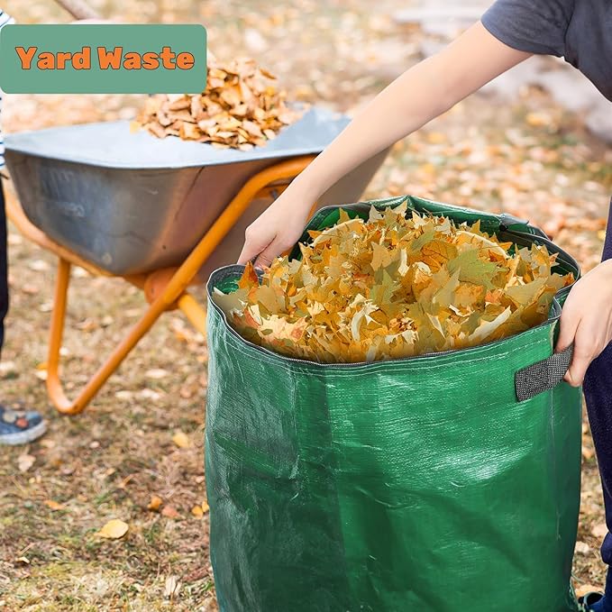 4 Pack 34 Gallons Reusable Yard Waste Bags, Leaf Lawn Collector Containers with Lid and Handles, Heavy Duty Collapsible Compost Bins with Bottom Window for Outdoor Debris Wet Leaves Grass
