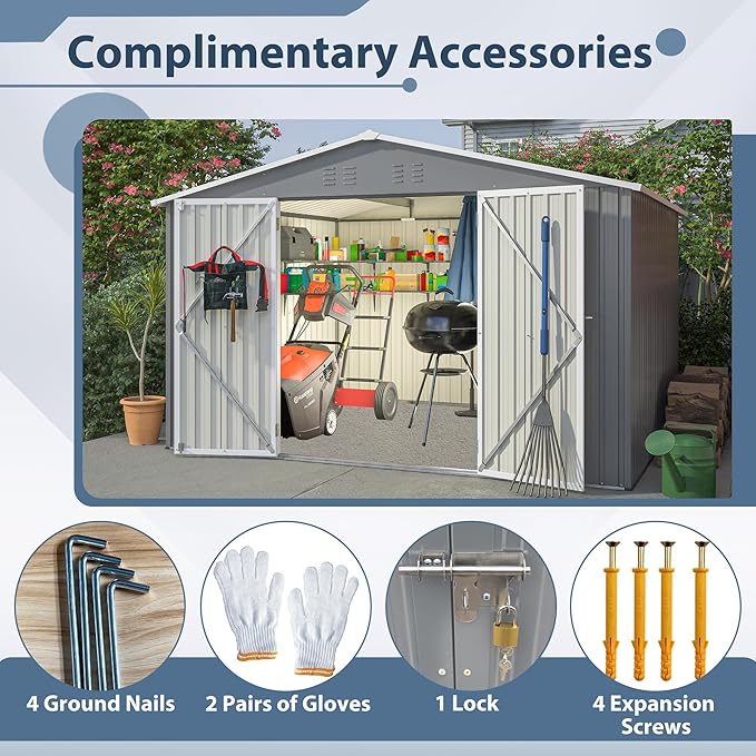 10x8 FT Outdoor Storage Shed,Metal Shed W/Lockable Hinged Door,All Weather Waterproof Garden Tool House W/Sloped Roof,for Backyard,Patio,Lawn,Gray