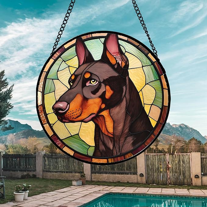 Stained Glass Window Hanging - Funny Dark Brown Doberman Pinscher Suncatcher for Door Terrace Garden Home Decor, Pet Dog Sun Catcher Birthday Gifts for Lovers Women Men Dad Mom Nana 11.8 in