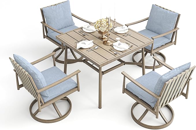 HAPPATIO Outdoor Dining Set 5 PCS, Aluminum Patio Dining Set Includes 1 Large Square Table with Umbrella Hole & 4 Swivel Dining Chairs, Patio Furniture Set for Lawn, Porch, Backyard (Brown)