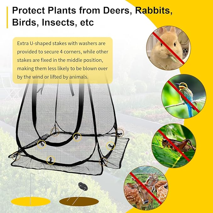 2 Pack Pop-Up Mesh Plant Protectors - 28x28x34 Inch Plant Cover Net Each Set with 8 Stakes (with Washers) & 1 Carry Bag to Protect Vegetables, Fruits, Flowers
