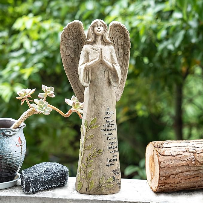 DUSVALLY Angel Garden Statues Outdoor Resin Statue Decoration, Praying Commemorating Memorial Decor, Healing Angel Gifts, 13 inches