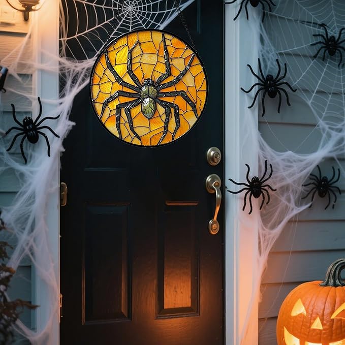Stained Glass Window Hanging - Halloween Decorations Black Spider Suncatcher for Doors Garden Indoor Spooky Funny Sun Catchers Gothic Decor Horror Gifts for Women Men Friend 7.8 in