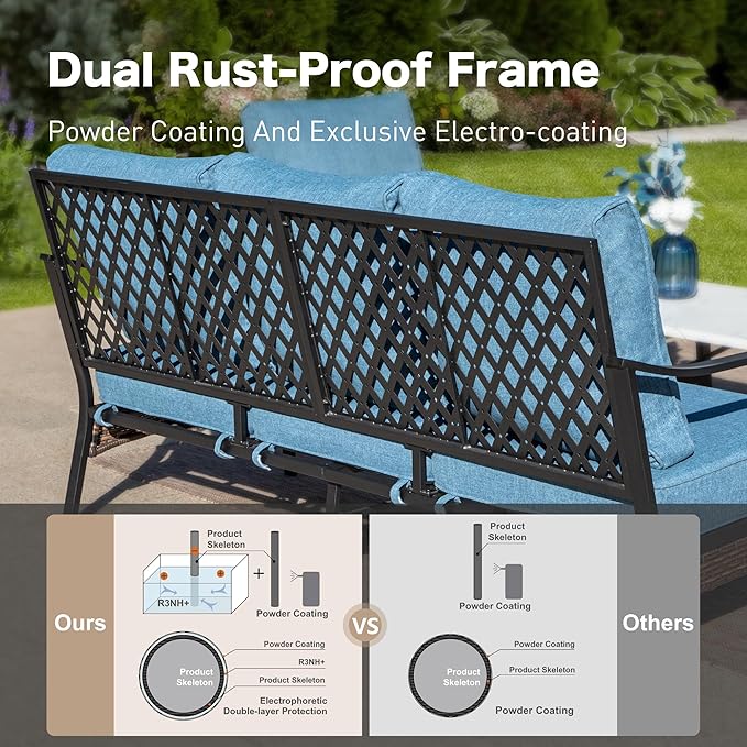 4 Piece Black Metal Outdoor Patio Furniture Sets with Firepit Table, Patio Conversation Sets 1 3-Seater Sofa, 2 Swivel Sofa with 5.75" Thick Cushion Backyard Furniture for Deck, Navy