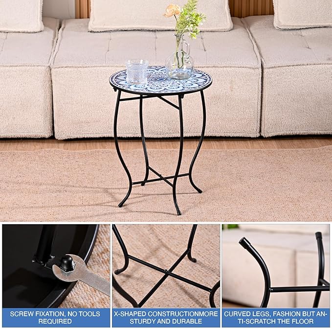 Round Side Table, Indoor Outdoor Small Side Table, Weather Resistant Black Metal Side Table for Livingroom Patio Balcony Yard Porch Garden, 14” Diameter and 17” H Patio Accent Table Plant Stand