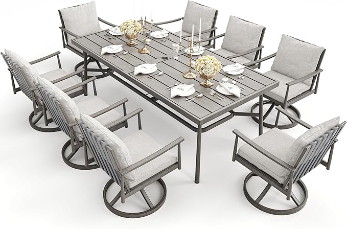 HAPPATIO 9-Piece Patio Table and Chairs Set for 8, Aluminum Outdoor Dining Set with Cushions, 8 Swivel Dining Chairs, 1 Large Rectangular Table with Umbrella Hole for Lawn, Porch, Backyard, Grey