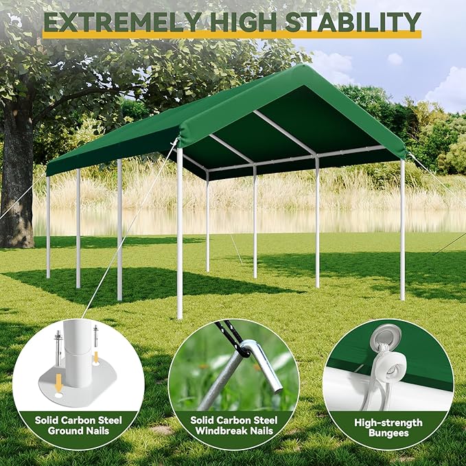Aoxun 10x20 ft Heavy Duty Carport with Tarp & Wind Resistance Portable Carport Car Tent Outdoor Car Port with Tear Resistant Canopy, No Sidewall - Green