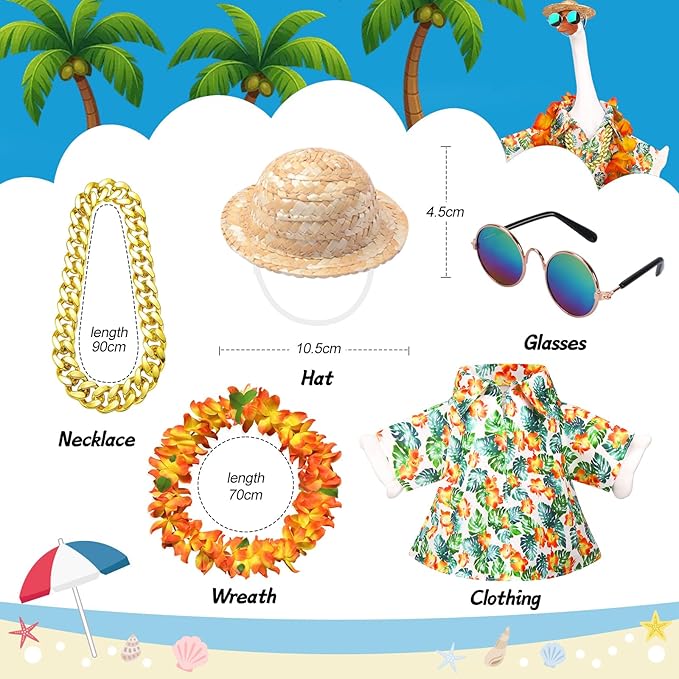 5Pcs Porch Goose Outfits Summer Hawaiian 23" Yard Garden Lawn Goose Clothes with Wreath Straw Hat Glasses Necklace Funny Porch Goose costume Set for 23" Plastic Cement Goose Statue Outdoor Decoration
