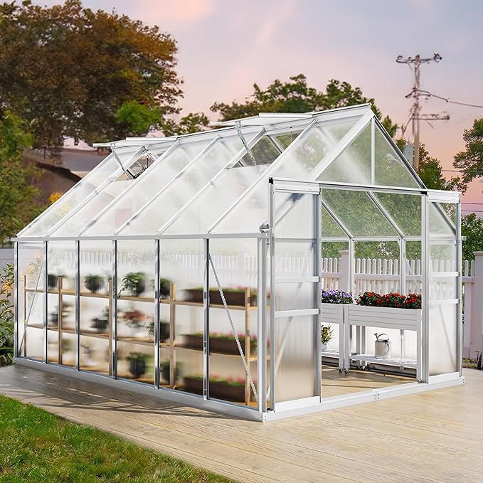 YITAHOME 12x8FT Polycarbonate Greenhouse Large Heavy Duty Green Houses Outdoor Aluminum Greenhouses with Sliding Doors Vent Window Walk-in Greenhouse for Garden Backyard, Silver