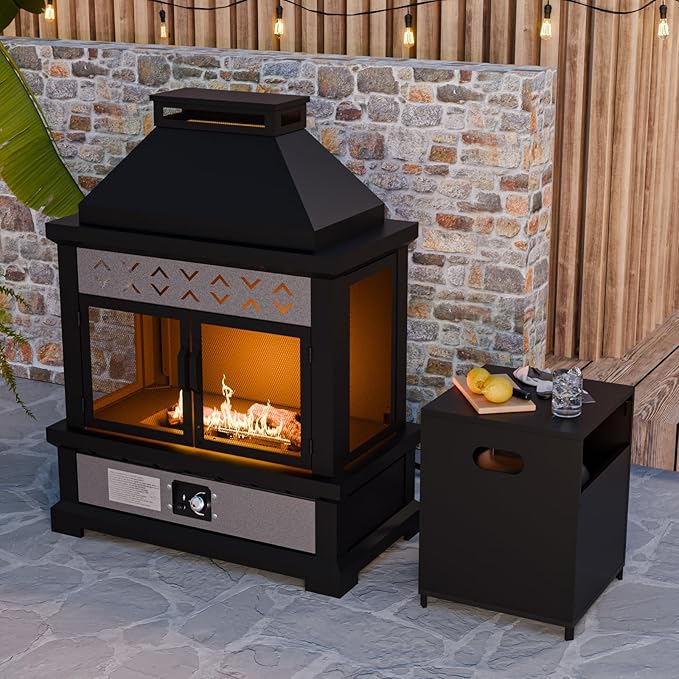 COOS BAY Outdoor Propane Fire Pit 50,000 BTU, Smokelss Gas Fireplace with Locking Mesh Doors and Tank Storage, Adjustable Flame Patio Heater for Deck, Backyard, Black/Gray