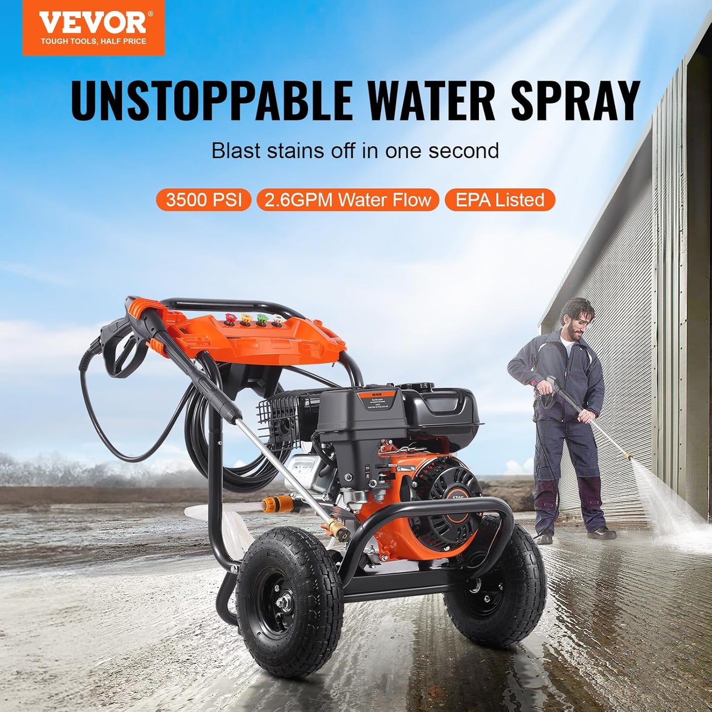 VEVOR Gas Pressure Washer, 3500 PSI 2.6 GPM, Gas Powered Pressure Washer with Aluminum Pump, Spray Gun and Extension Wand, 5 Nozzle Set, for Cars, Fences, Homes, Driveways, Patios Furniture Horizontal