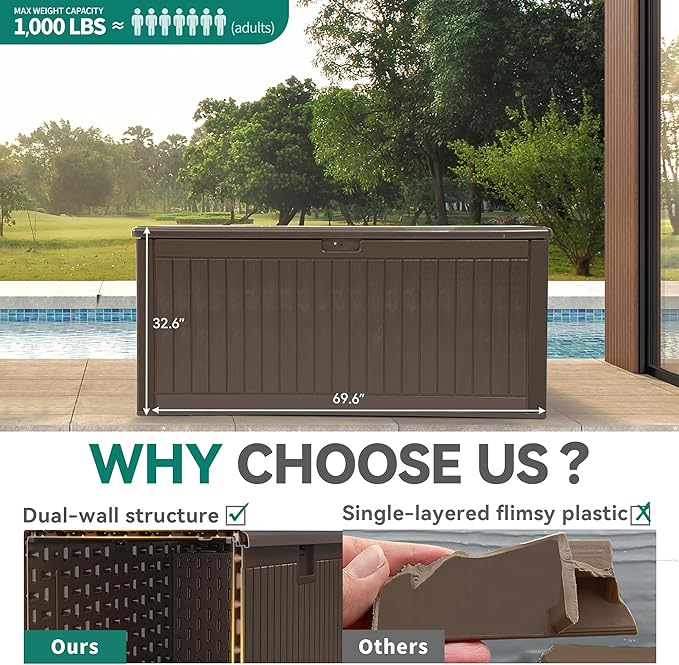 YITAHOME 260 Gallon Extra Large Deck Box, Double-Wall Resin Outdoor Storage Box with Flexible Divider for Patio Cushions Pool Supplies Garden Tools, 1000lbs Load Capacity, Lockable&Waterproof (Brown)