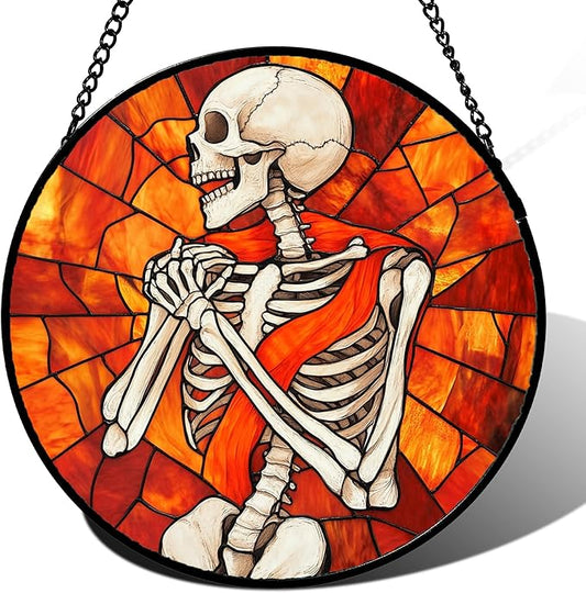 Stained Glass Window Hanging - Halloween Decorations Fear Skeleton Suncatcher for Doors Garden Indoor Spooky Funny Sun Catchers Gothic Decor Horror Gifts for Women Men Friend 7.8 in