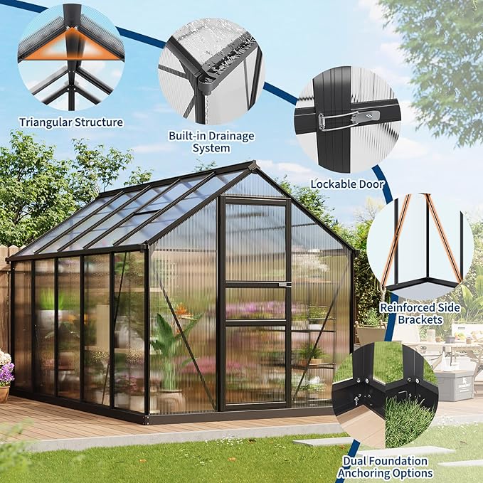 Greenhouses, 6x10 FT Greenhouse for Outdoors, Polycarbonate Greenhouse with Roof Vent, Ground Nails, Lockable Hinged Door, Aluminum Large Walk-in Green House for Outside Garden Backyard, Patio, Lawn