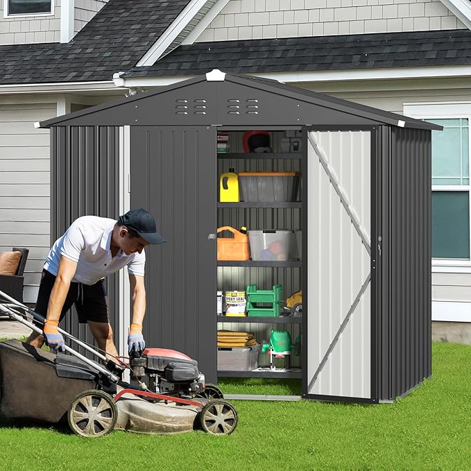 Gizoon Outdoor Storage Shed 8 x 6 FT, Galvanized Metal Garden Shed with Double Lockable Doors, Outdoor Storage Clearance for Backyard Patio Lawn-Dark Grey