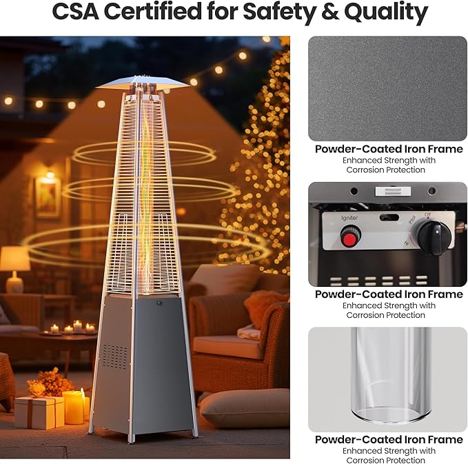 Patio Heater, 48,000 BTU Pyramid Flame Outdoor Propane Heater with Borosilicate Glass Tube, Wheels & Weatherproof Cover, CSA Certified for Backyard, Garden, Porch (Silver Gray)