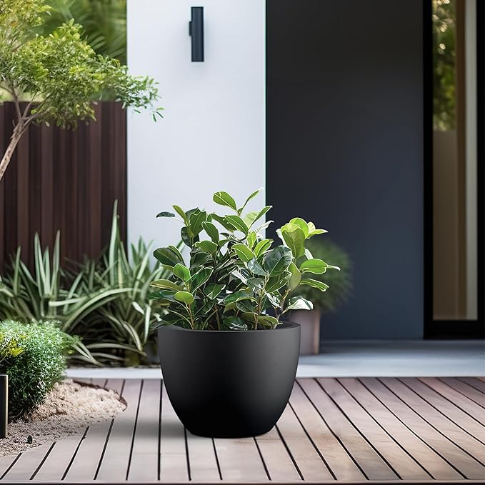 Kante 14.2 Inch Round Concrete Planter - Classic Large Indoor/Outdoor Plant Pot with Drainage Hole and Rubber Plug, Suitable for Gardens and Patios, Black
