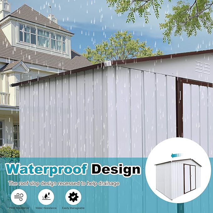 8x10 FT Outdoor Storage Shed, Metal Tool Shed with Lockable Doors, Peaked Roof & Frame Floor, Garden Shed with Vented Design for Backyard Garden Patio Lawn, White+Coffee