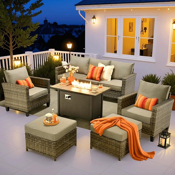ovios Patio Furniture Set, 6 Pieces Outdoor Wicker Sofa Couch with Fire Pit Table, Ottomans and Comfy Cushions, All Weather High Back Rattan Conversation Set, Dark Grey