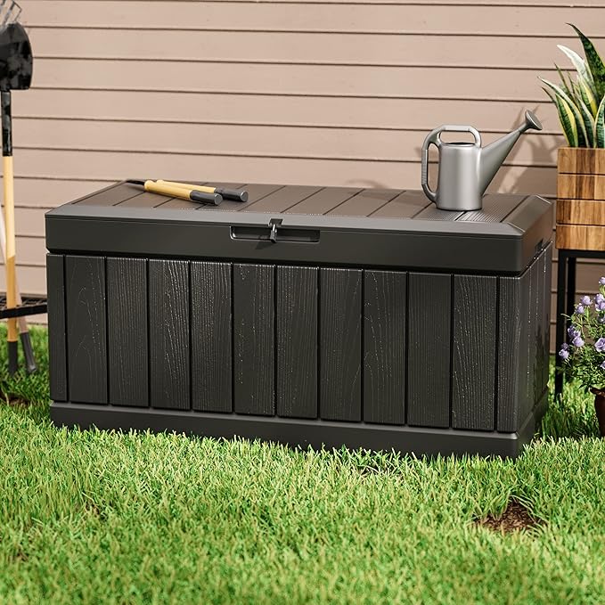Greesum 82 Gallon Resin Deck Box All Weather Large Outdoor Storage for Patio Furniture, Toys, Garden Tools, Lockable, Black