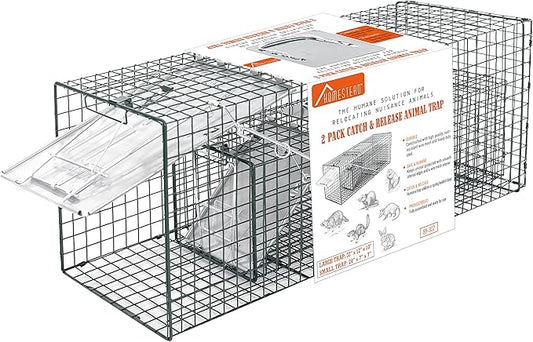 HOMESTEAD 2-Pack Live Animal Trap - Specialized for Raccoons, Opossums, Groundhogs, Skunks, Feral Cats, Squirrels - Heavy Duty Steel Traps, 1-Door, Green, Humane Catch & Release Animal Trap,89-302