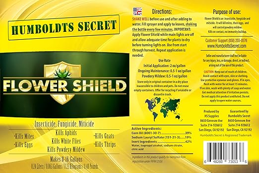 Humboldts Secret Flower Shield | Insecticide, Pesticide, Miticide, Fungicide | Bug Spray for Plants | Spider Mite & Powdery Mildew Control | Indoor & Outdoor | Houseplant & Garden | 8 Ounce