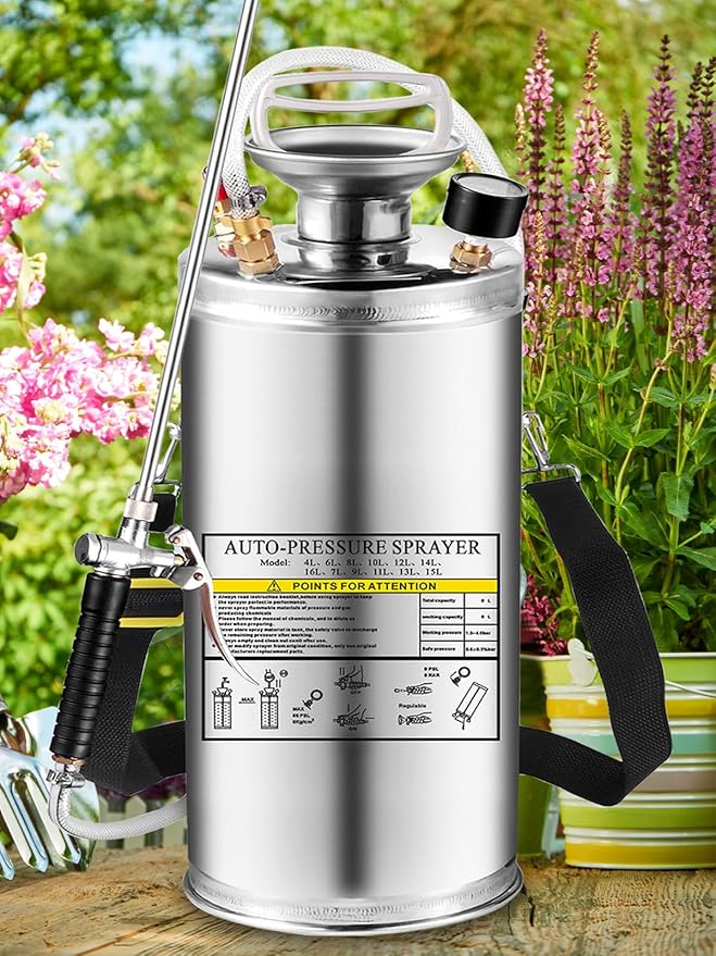 Stainless Steel Sprayer 3 Gallon - Steel Hand-Pump Sprayer, with 3.3-inch Reinforced Hose - Garden Sprayer for Home, Gardening, Ground Cleaning(3Gallon)
