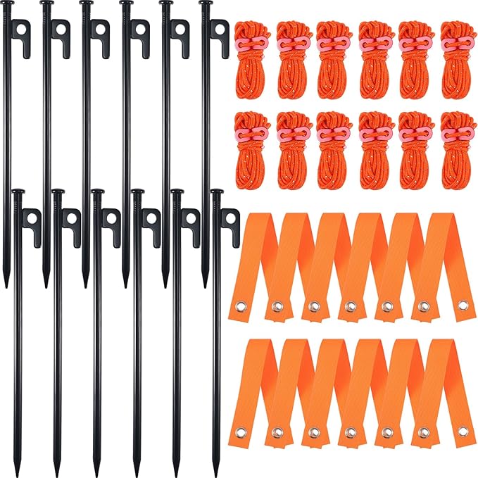 Sintuff 36 Pcs Heavy Duty Tree Stake Kits Stake and Support for Young Leaning Tree Anchor Straightening Kit, 15.8'' Support Straps, 11.8'' Steel Stakes, 13.12ft Rope(Orange, Black)