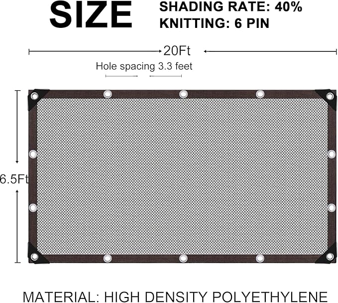 Storystore 40% Shade Cloth with Grommets, 6.5Ft x 20Ft Garden Mesh Shade Tarp Sun Shade Net for Greenhouse, Cover, Patio, Plant, Flower, Chicken, Coop