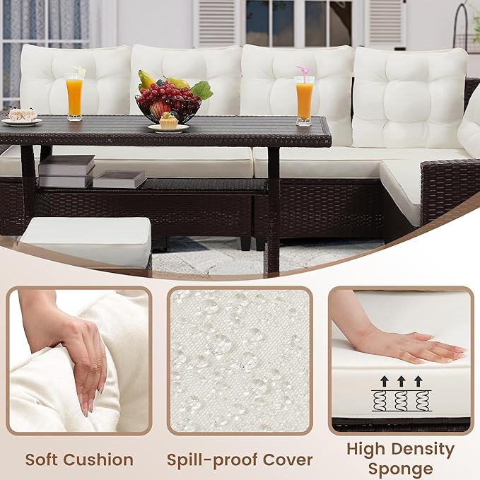6-Piece Outdoor Patio Furniture Set - Sectional Sofa, Dining Table & Chairs Included, All-Weather Dining Set with Ottoman, Brown Wicker and White Cushions
