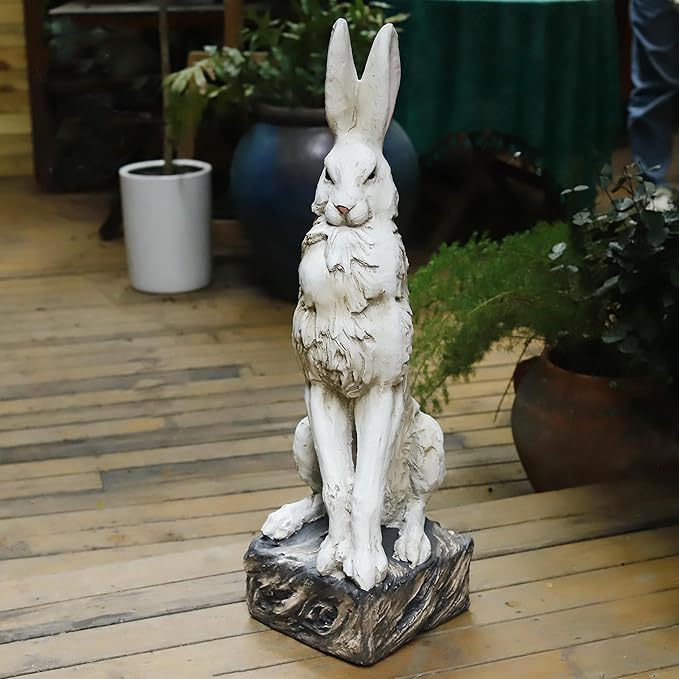 Large Size Noble Sitting Rabbit Bunny Realistic Rabbit Happy Easter Bunny Magnesium Oxide Stone Sculpture Decorations for Indoor Outdoor Garden Statue 30'' High