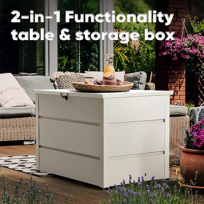 Quictent Deck Box outdoor 150 Gallon, Easy Assemble Metal Storage Box,Lockable Waterproof Weather-Resistant storage cabinet for Patio Furniture Cushions, Throw Pillows, Garden Tools and Pool Toy,White